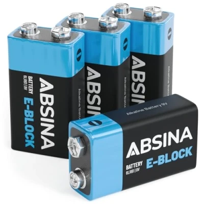 Imagen de ABSINA 4 pilas alcalinas de 9 V V, larga duración y a prueba fugas para detectores humo mucho más, batería bloque
