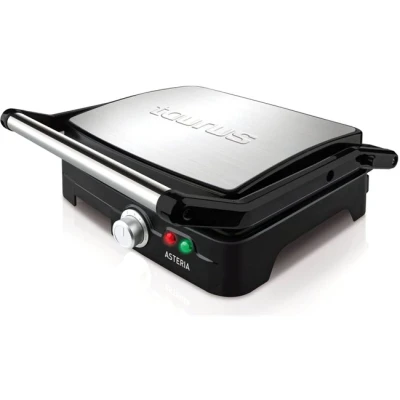 Imagen de Taurus Asteria Grill y plancha de asar, 2200W, placas 28 x 22 cm, parrilla eléctrica con regulador temperatura, apertura 180º, asa toque frío, antiadherente libre PFOA, Negro/Inox