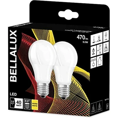 Imagen de BELLALUX Lámpara LED, Casquillo E27, Blanco cálido (2700K), Mate, Forma de la bombilla, Sustitución bombilla convencional 40W, Paquete doble