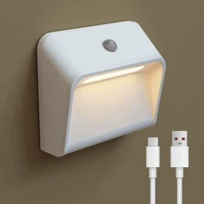 Imagen de ACMHNC Luz de Noche LED con Sensor Movimiento, Lampara Pared Recargable USB, Lámpara Pila 3 Modos, Escalera Sin Cables,Blanco Cálido, Para Dormitorio Pasillo Baño