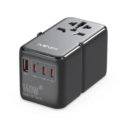 Imagen de MINIX Adaptador de Viaje Universal 140 W, Corriente Internacional GAN III, 3 Puertos USB C 1 A, Toma CA, Cargador Mundial para cámaras, portátiles, tabletas, teléfonos