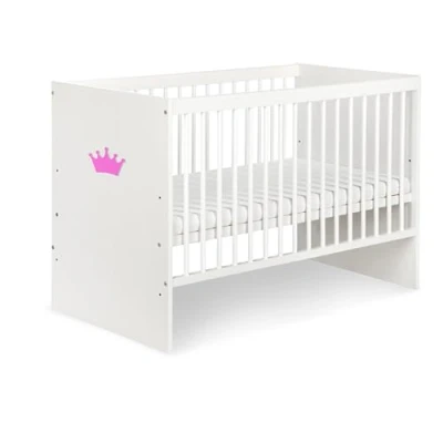 Imagen de KMbaby TANY KOR Cuna para bebé (120 x 60 cm, con colchón blanco corona rosa, somier, 3 niveles, altura regulable, madera de pino lacada)