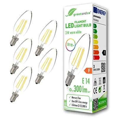 Imagen de greenandco 5x Bombilla de filamento LED IRC 90+ E14 3W (corresponde a 28W) 300lm 2700K (blanco cálido) 360 230V AC vidrio, sin parpadeo, no regulable