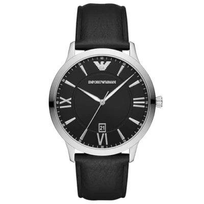 Imagen de Emporio Armani Reloj Hombre, Movimiento de tres manecillas con fecha, 43mm Caja acero inoxidable plateado correa piel, AR11210, Negro y tono plata