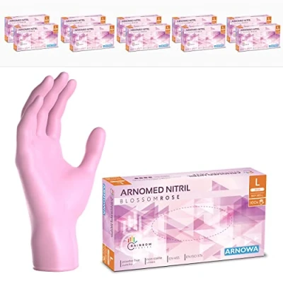 Imagen de ARNOMED guantes nitrilo talla L, rosa, de nitrilo, 1000 unidades (10 cajas), desechables sin polvo, goma látex, en tallas XS, S, M y L