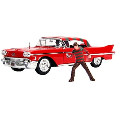 Imagen de Hollywood Rides Jada Coche Modelo Diecast: Cadillac Series 62 1958 Rojo, con la Figura Freddy Krueger de Nightmare On ELM Street, Escala 1:24