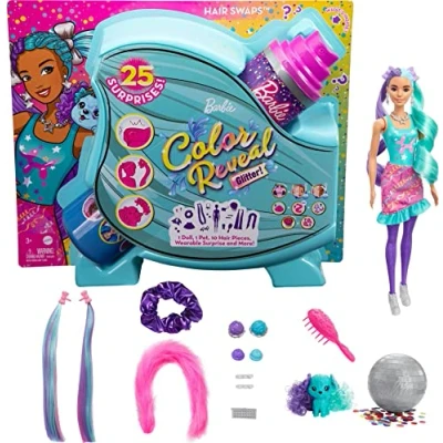 Imagen de Barbie Color Reveal Peinados Globos, muñeca Sorpresa de Juguete con Accesorios para el Pelo y Mascota (Mattel HBG41)