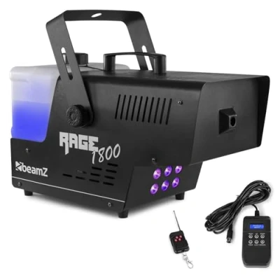 Imagen de BeamZ Rage 1800LED Máquina de humo 1800w y 6 Leds RGBA 9W, depósito 3,5L, control remoto inalámbrico LCD con cable 3m, 530 m3 por minuto, tiempo calentamiento 4 minutos