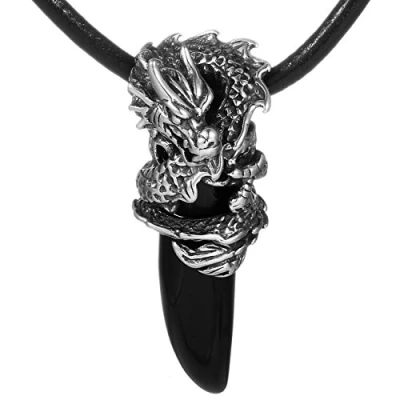 Imagen de DonDon Collar de Cuero con Colgante Diente dragón Acero Inoxidable para Hombres en Bolsa Joyas
