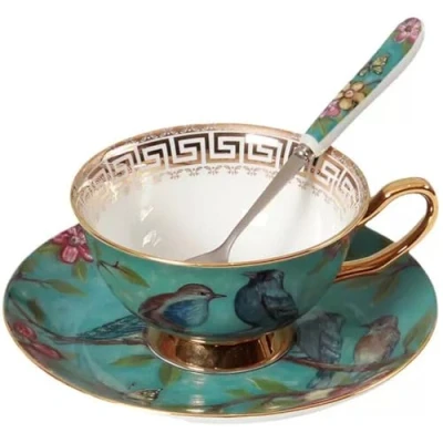 Imagen de Eplze YBK Tech Juego de taza y platillo estilo europeo, café porcelana china para desayuno, cocina en casa, patrones pájaros árboles (azul)