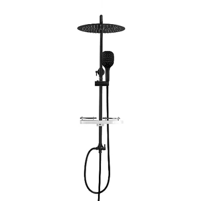 Imagen de Görbach Sistema de ducha Negra sin Grifo Columna Hidromasaje Conjunto Altura Adjustable, Juego Baño con Estana Negro mate, Redondo (D30MB+bandeja)