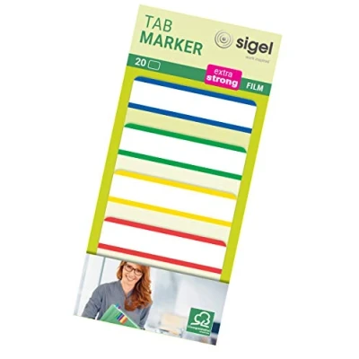 Imagen de SIGEL HN202 Marcapáginas adhesivos y rigidos, cinta de filme transparente extra fuerte, 20 tiras 50 x 38 mm, 4 colores