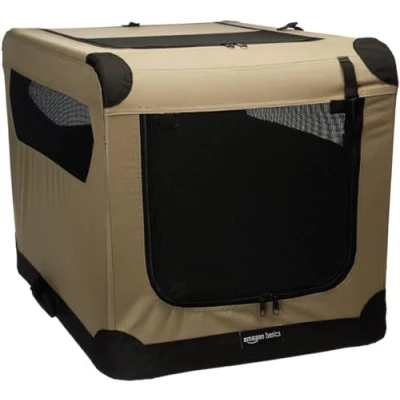 Imagen de Amazon Basics Transportín para perros, blando, plegable, 76 cm, Beis/Negro