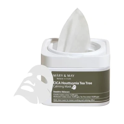 Imagen de Mary&amp;May CICA Houttuynia mascarilla calmante de árbol té, hoja extraíble diaria para calmar e hidratar instantáneamente, cuidado la piel coreano, hipoalergénico y libre