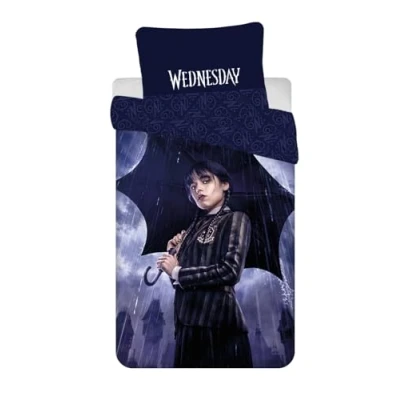 Imagen de Juego de cama Wednesday Addams Rain, 100% algodón, funda nórdica Miércoles 140 x 200 cm + almohada, reversible