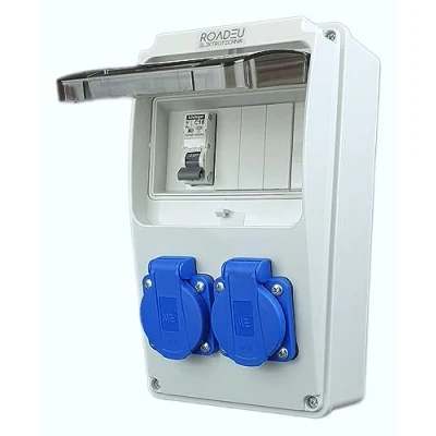 Imagen de RoadEu distribuidor de corriente 230 V 2 enchufes Schuko con interruptor enchufe C 16A Cableado, para interiores y exteriores IP54