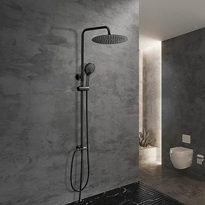 Imagen de Görbach Columna Ducha sin Grifo Negra de Hidromasaje Altura Adjustable Set Acero Inoxi 304 Conjunto con Alcachofa Mano, Estante y Cabezal Lluvia D25cm