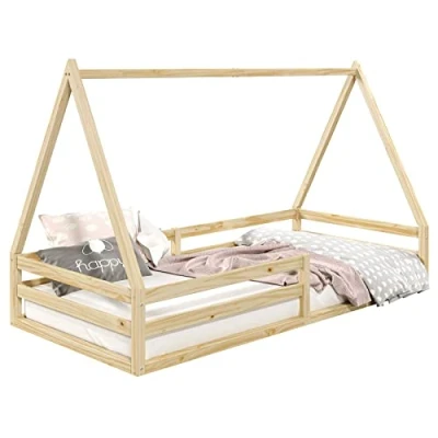 Imagen de IDIMEX Sila Cama Montessori de Pino Macizo 90 x 190 cm, Estable Con Protección Contra Caídas y Techo en Color Natural