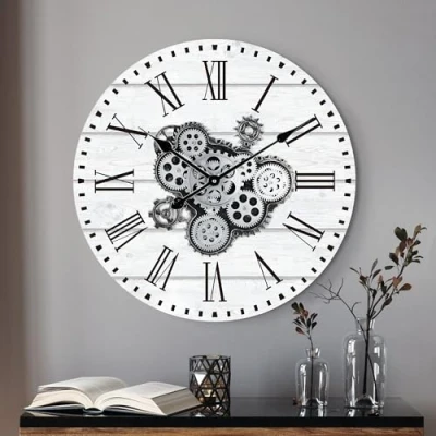 Imagen de Lafocuse Reloj de Pared Grande Salon Engranajes Giratorios, Vintage Madera Blanco XXL Industrial Steampunk, Números Romanos Retro para Bar Cafetería Cocina 57cm