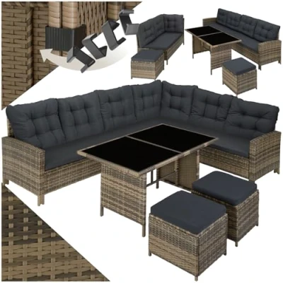 Imagen de TecTake® Conjunto Jardín de Ratán con Mesa y Cojines, Terraza Resistente a la Intemperie Combinable, Muebles Exterior 5 Piezas, Sofá Esquina, 2 Taburetes 1 Mesa, Acero Natural