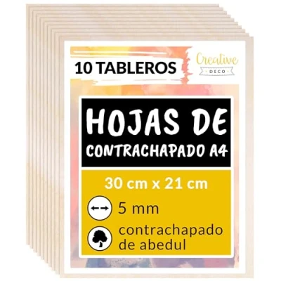 Imagen de Creative DECO 10 x A4 Tablero Madera Manualidades Contrachapado 300 210 5 mm (+/ 0.5mm) Chapa Maciza Abedul Maderas para Bricolaje Material de Construcción