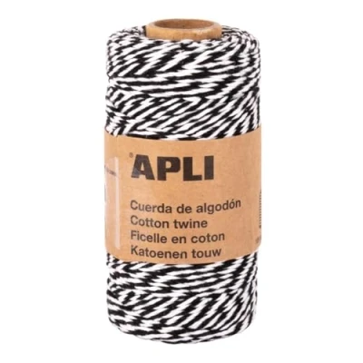 Imagen de APLI 19843 Cuerda de algodón bicolor para envolver regalos, hilo negro y blanco ideal manualidades o decoraciones en Navidad cualquier celebración, bobina 100x2mm
