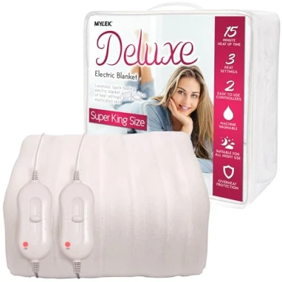 Imagen de Mylek Manta eléctrica para cama Super King, funda de colchón con calefacción y doble control falda elástica, tamaño 203 x 182 40 cm, protección contra sobrecalentamiento, calentamiento rápido,