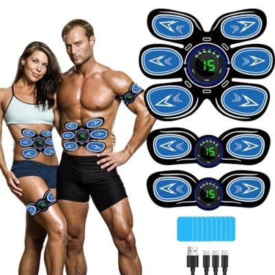 Imagen de SEVEKO Electroestimulador Muscular, Abdominales Electroestimulacion, EMS Estimulador Eléctrico Abdominal, 6 Modos y 15 Intensidades, 10 Almohadillas De Repuesto