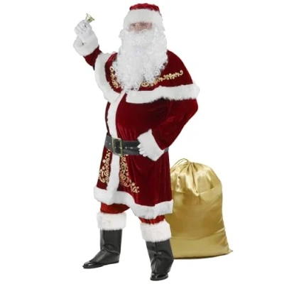 Imagen de Ahititi Disfraz de Papá Noel para Hombres, Conjunto 12 PCS Navidad Adultos Traje Santa Claus Terciopelo Lujoso Rojo M