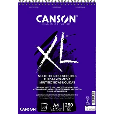 Imagen de Canson XL, Papel fluido Mixed Media, Suave, 250g, Espiralados sobre el lado corto, A4 21x29,7cm, Extra Blanco, 30 Hojas