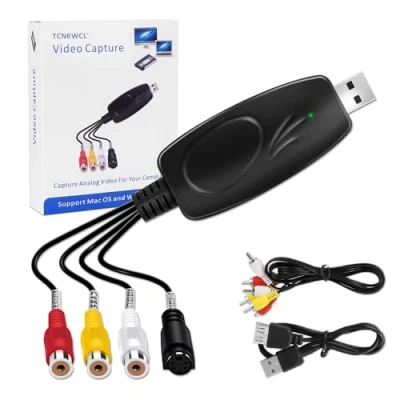 Imagen de TCNEWCL Grabador de Vídeo Tarjeta Captura USB 2.0 Transfiere Hi8 VHS a DVD Digital para Windows/Mac, Capturadora Audio con Cable extensión AV