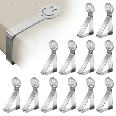 Imagen de GlasFlength Sujeta Manteles de Mesa Ajustable, 12 Piezas Pinzas para Mantel Exterior Acero Inoxidable Jardín Cocina Oficina Boda Fiesta (Smile)