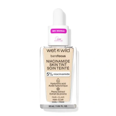 Imagen de Wet n Wild Bare Focus Niacinamide Skin Tint, Base de Maquillaje Cobertura Modulable, Fórmula Ligera Enriquecida con Ácido Hialurónico y Vitamina E para un Look Radiante, Fair