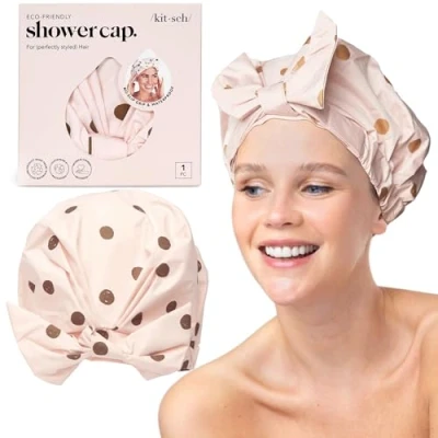 Imagen de Kitsch gorro de ducha lujo para mujer, impermeable, reutilizable, ducha, impermeable cabello largo, bonito antideslizante Blush Dot