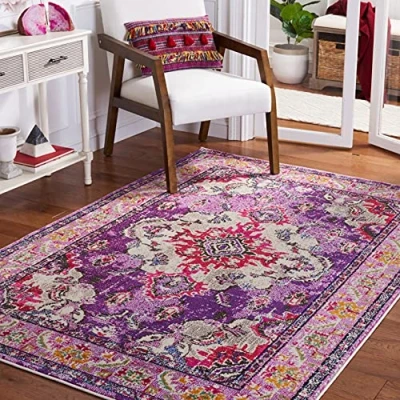 Imagen de Safavieh Alfombra Boho para salón, Comedor, Dormitorio, colección Mónaco, Pelo Corto, Morado y Fucsia, 155 x 231 cm