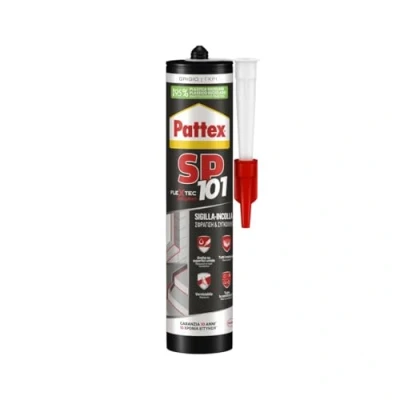 Imagen de Pattex sellador polimérico SP101, sella y pega, multimaterial, alto rendimiento, se adhiere sobre superficies húmedas, resistente a los rayos UV la intemperie, gris, cartucho de 280 ml