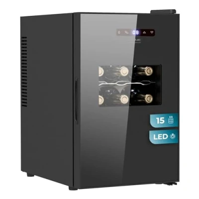 Imagen de Cecotec Vinoteca Bolero GrandSommelier 1550 CoolCrystal. Bodega para 15 botellas, temperatura ajustable de 5 18ºC, enfriamiento termoeléctrico, silenciosa con 35 dB, panel táctil y LED eco friendly.