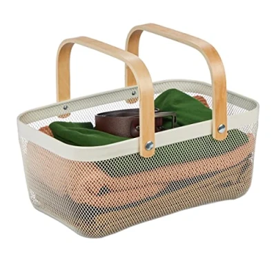 Imagen de Relaxdays Cuadrada de Alambre Cesta Almacenaje Rectangular Acero, Asas, Caja Organizadora Metal y Madera, Cocina, Baño, Salón, Blanco, 17.5 x 43 27 cm