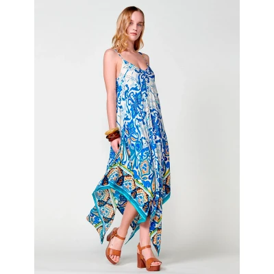 Imagen de Vestido largo de tirantes regulables con Bajo en picos y Estampado floral cenefa detalle brillos escote color Turquesa para Mujer