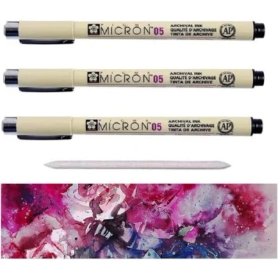 Imagen de PIGMA MICRON Sakura Pigmento fineliners 05, color negro 3 unidades ,XSDK Rotulador de punta fina Y 1 ESTOMPE EMI CRAFT