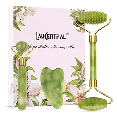 Imagen de Gua Sha y Rodillo natural de Jade, Masajeador Facial Cuarzo verde para Anti Arrugas, Masaje contra el Envejecimiento