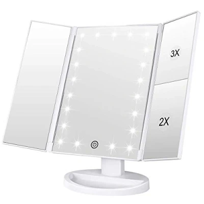 Imagen de WEILY Espejo Maquillaje, 1x/2X/3X de Maquillaje Tres Pliegues con Pantalla Táctil Ajustable y 21 Luz LED Iluminado Tocador Espejos Cosméticos Encimera (Blanca)