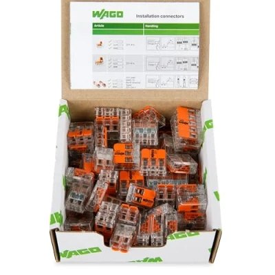 Imagen de WAGO Juego de terminales conexión 887 995, 75 piezas, con diferentes abrazaderas la serie 221, para todos los tipos escalera, en práctica caja resellable