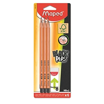 Imagen de Maped Juego de 6 lápices grafito Hb y Eraser Technic 600 Lápiz triangular ergonómico Goma blanca libre polvo