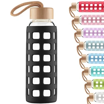 Imagen de Cleesmil Botella de Agua Cristal Deporte con Funda Silicona Tapa Bambú 1000 ml (Negro)