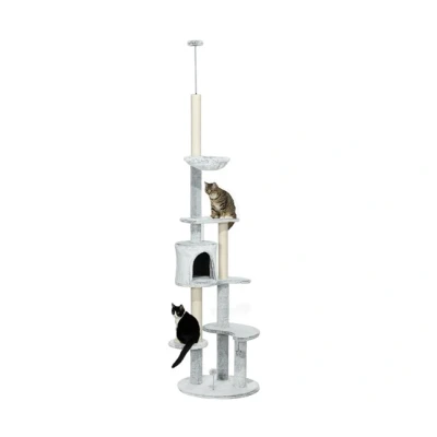 Imagen de PawHut Árbol para Gatos de Suelo a Techo 225 255 cm Torre Ajustable en Altura con Cueva Plataformas Hamaca Postes Rascadores y Bolas Colgantes Ø60x225 Gris