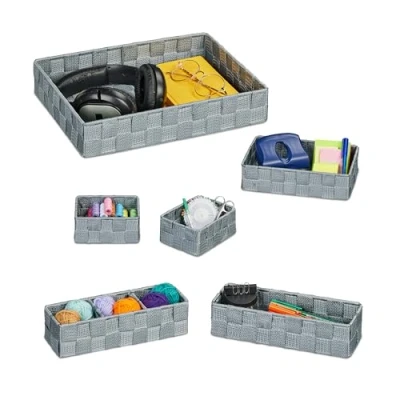 Imagen de Relaxdays Cestas de Almacenaje Tejidas en Set 6, 4 Tamaños, Plástico, Estructura Metálica, para Baño y Hogar, Gris, 6 x 32 24 cm