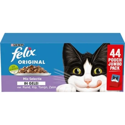 Imagen de Felix Selección de Mezcla en Jalea Comida para Gatos, Bolsas húmeda con Carne Res, Pollo, salmón y atún, 44 x 85g (44 Comida; 3,7kg)