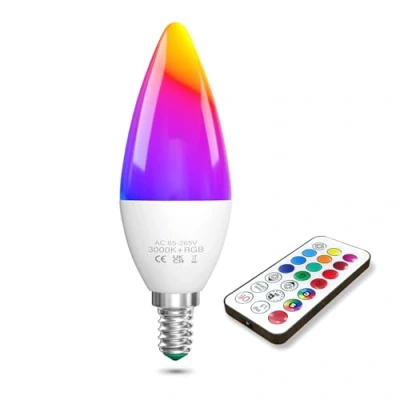 Imagen de TobeBright 1X E14 Bombilla LED que Cambia de Color, 3W RGB con Control Remoto Regulable Blanco Cálido 3000K + Bombillas Equivalente a 40W, Función Memoria y Temporizador