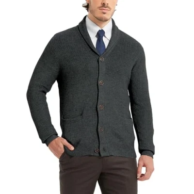 Imagen de Kallspin Jersey Cárdigan Cuello Chal para Hombre, Mixto de Lana Merino, Punto Suave, con Bolsillos y Botones (Gris Oscuro, M)